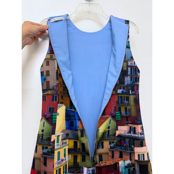 Alice + Olivia Clyde Shift Mini Dress Italian Landscape Rainbow Buildings 8 - Picture 13 of 15